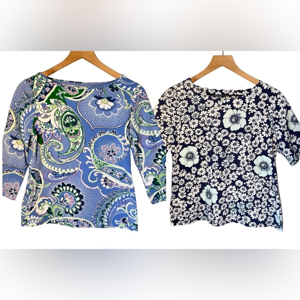 Talbots (Lot Of 2) Floral Blue Toned Everyday Women’s Stretch Cotton Tops Sz MP